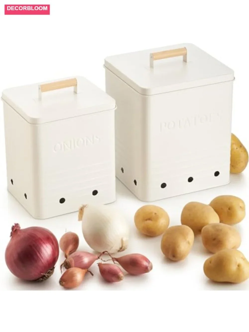 Potato and Onion Storage Container Set - Food Safe Metal Bins with Wooden Lid